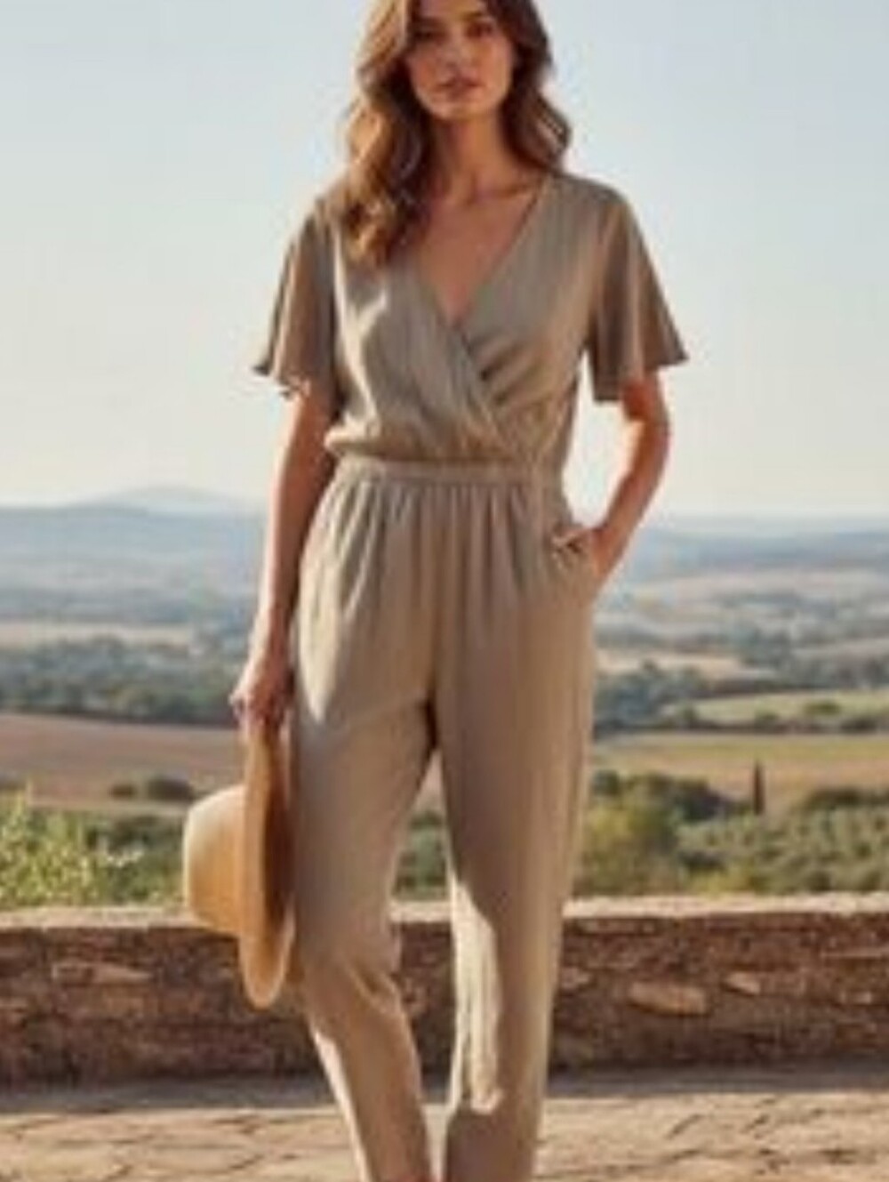 Anthropology Linen Mi The Good Jane Women's Taupe Wrap-Front Jumpsuit Size Small